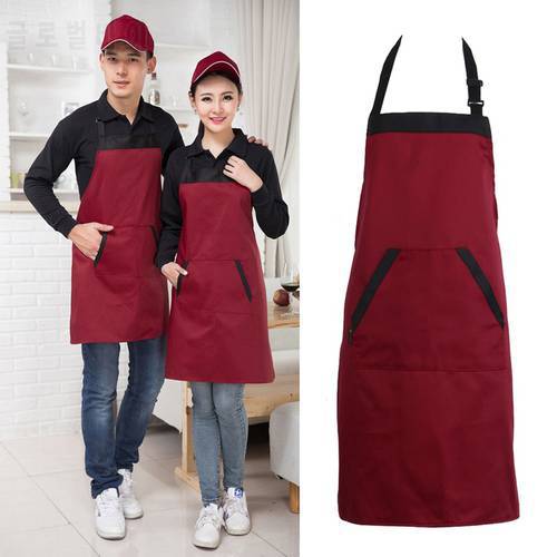 Black Red Kitchen Apron Chef Cooking Catering Halterneck Bib with 2 Pocket Sleeveless Aprons for Woman Men30