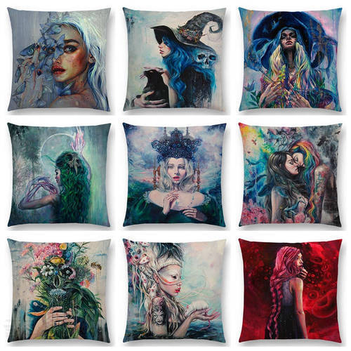 Hot Sale Gorgeous Oil Painting Miracle Girl Wonder Beauty Magic Witch Beautiful Queen Narwhal Cat Swan Cushion Sofa Throw Pillow