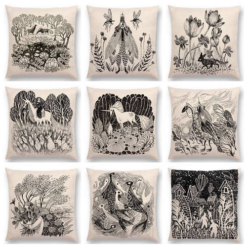 Hot Sale Sketch Magic World House Woods Flower Darkness Night Ghost Fairy Tale Animal Unicorn Fox Deer Cushion Sofa Throw Pillow