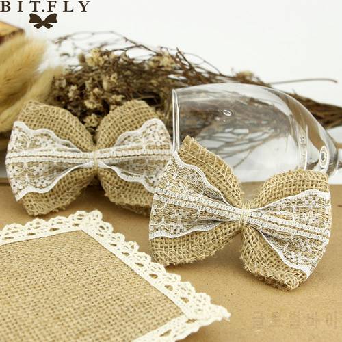 10 Pieces /pack Hessian Burlap Lace Bows Embellishments Chic Christmas Tree Rustic Wedding Craft DIY Favros for Free Shipping