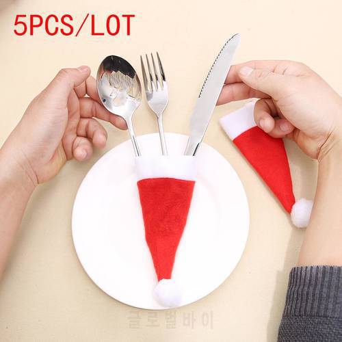 5pcs Christmas Silverware Holder Mini Xmas Tree Santa Claus Porckets Knifes Folks Bag Hat navidad Christmas Decoration For Home