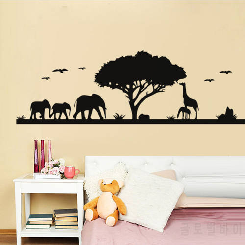 Africa Zoo Wall Stickers Jungle Landscape Elephant Giraffe Animal Wall Decals Sofa Background Kids Bedroom Wall Decals SA127B