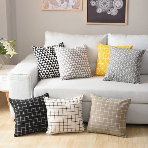 mylb Geometric grid decorative cushion 45x45 cm cotton and hemp sofa yellow grey white pillow