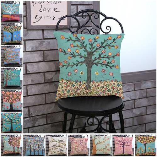 Life Tree Colorful Flower Bird Decorative Throw Pillows Home Decor Car Sofa Office Chair Cotton Linen Cushion Pillowcase 45*45cm