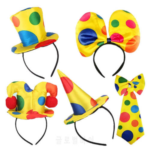 Men Women Boy Girl Polka Dots Clown Headband Circus Hat Hairband Bow Tie Party Top Cap Gift Costume Christmas Halloween Cosplay