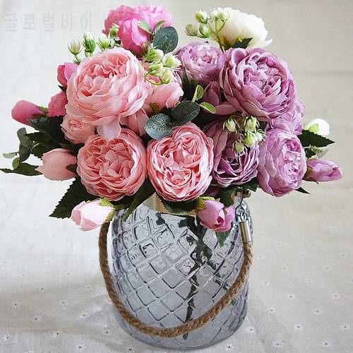 Rose Peony Artificial Silk Flowers Valentines Day Gift Small Bouquet Flores Home Party Wedding Decoration Mariage Fake Flower
