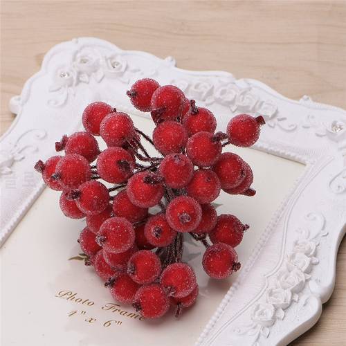 40pcs Mini Fake Fruit glass Berries Artificial pomegranate red cherry Bouquet Stamen Christmas Decorative Double heads -Y102