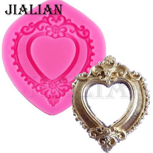 Hot Vintage Love Heart Shape Mirror Frame 3D Silicone Mold Fondant Chocolate Molds Cake Decorating Tools T0730