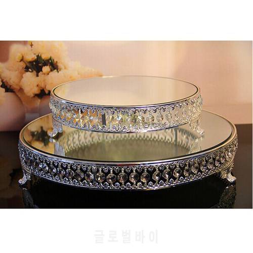 Top Quality Round Shape Silver Plate Metal Acrylic Crystal Strand Glass Mirror Birthday Fruit Cake Stand Wedding Home Decoration