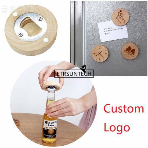 100pcs/lot New design Wooden Round Shape Bottle Opener Coaster Fridge Magnet Decoration Beer Bottle Opener Free laser logo