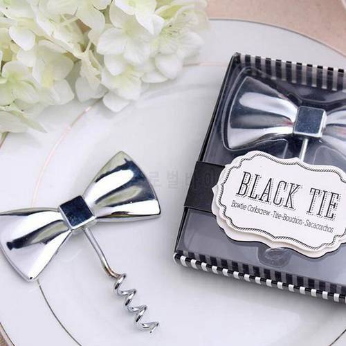 50pcs/lot Creative Black Tie Bow Tie Wine Corkscrew Bottle Opener Bridal Shower Wedding Favor Party Souvenirs ZA4666