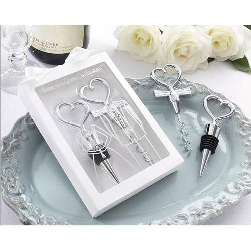 100pcs(50sets)/lot Heart Shape combination Couple wine bottle opener corkscrew and Stopper Set Wedding Souvenirs for guest