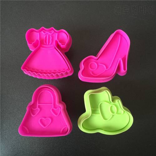 4 types Fashion Plastic Cookie Mold Plunger Cutter Stamp Fondant Embosser Die 3D Biscuit Cake Molds Dress Hat Handbag Shoes