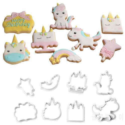 8Pcs Cute Unicorn Shaped Cookie Frame Stamps Food Grade Plastic Cookie Cutter Animal Shape Biscuit Mold DIY Baking Tools