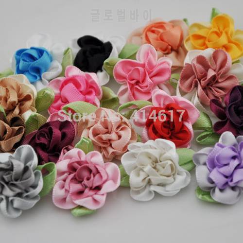 20pcs ribbon flowers with leaf handmade flowers apparel sewing appliques DIY accessories A047