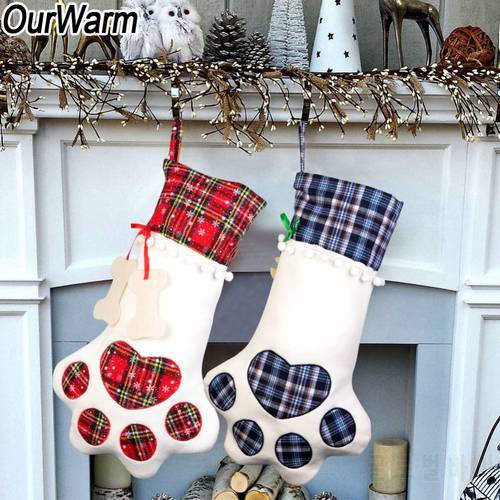 OurWarm Pet Christmas Stocking Dog Paw Plaid Gift Bag X-mas Stocking for Kids Candy Bag Gifts Christmas 2018 Indoor Decor