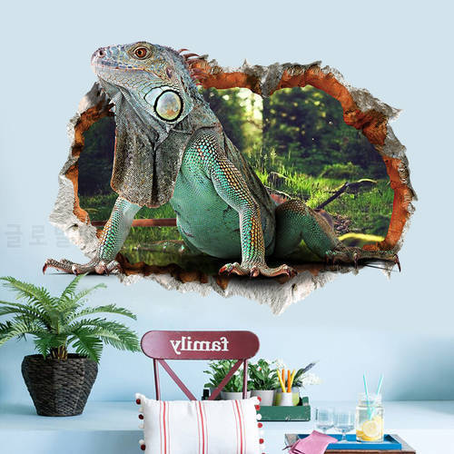 Lizard 3D View Wall Sticker Real Animal Wallpapers Through Wall Green Lizard Decals Kids Room Decoration Boys Gifts