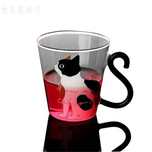 Personality Glass Water Cup Korean Japanese Style 3D Cat Printed Heat-resistant Milk Cup Juice Mug Insulated Coffee Mugs 8.5oz