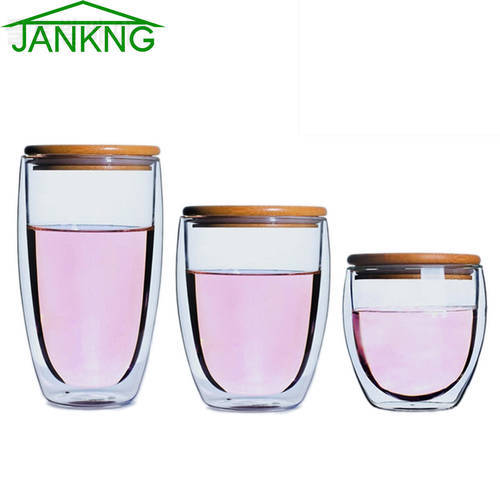 JANKNG Heat-resistant Tea Glass Cup with Bamboo Cover Clean Double Wall Glass Mug Coffee Handmade Creative Transparent Drinkware