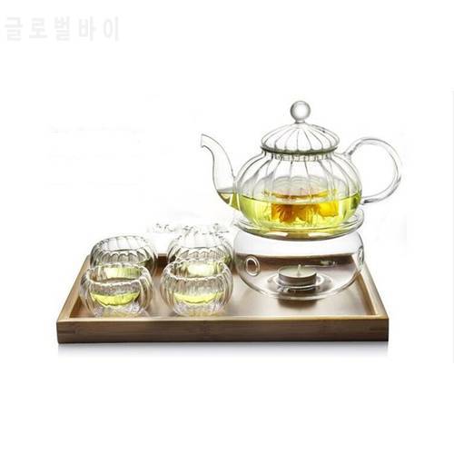 5PCS/LOT High temperature resistant Glass pumkin Teapot 600ml+4 Double Wall Glass Tea Cups 50ml, Set without Warmer JO 1052