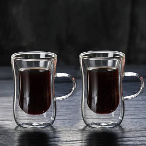 2pcs 80ml Double-layer Glass Coffee Cup European-style Coffee Mug with Handle Espresso Coffee Cups Cafe Glass