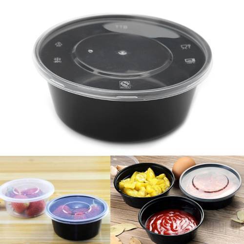 10Pcs Plastic Bowl Disposable Lunch Soup Bowl Food Round Container Box With Lids Black Plastic Bowl