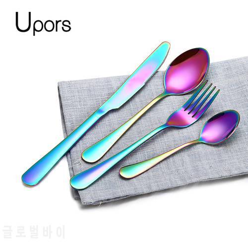 Upors 4Pcs Cutlery Set Rainbow Dinnerware Set 304 Stainless Steel Steak fork knives Tableware Cutlery Dinner Set