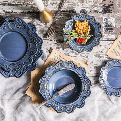 1set Baroque relief Ceramic Western Deep Plate Salad Pastal Dishes Western Food Tableware Creative Blue And White Hat Plates