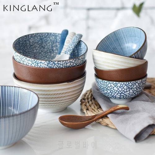 KINGLANG Japanese Style Classical Ceramic Blue And White Kitchen Rice Bowl Big Ramen Soup Bowl Spoon Small Tea Tableware