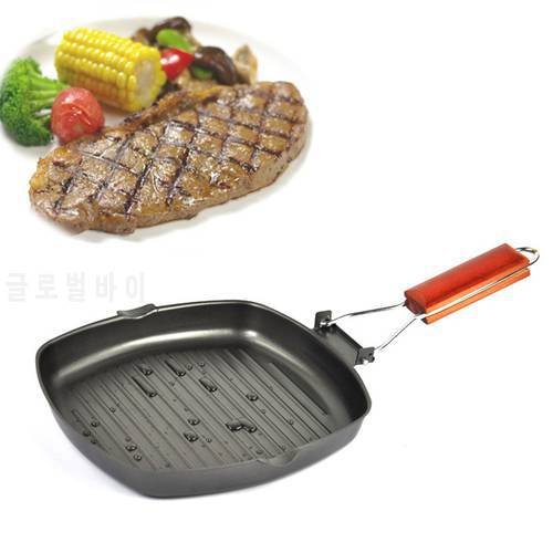 Non-sticky Cast Iron Steak Frying Pan Wooden Handle Folding Portable Square Grill Pan