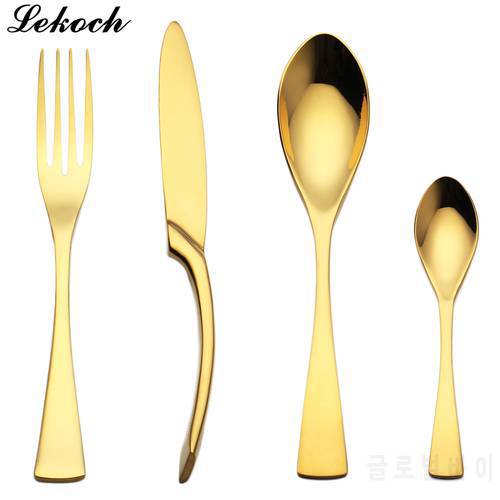 Lekoch 4pcs Cutlery Set Gold 18/10Stainless Steel Tableware Mirror Polishing Steak Knife Fork Scoop Dinnerware Set Home Kitchen