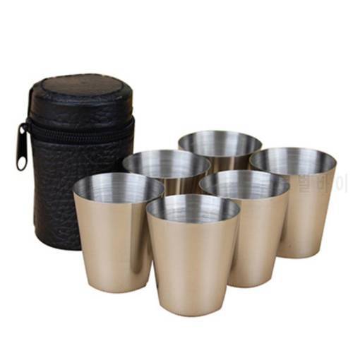 6Pcs/Set Outdoor 30ml Mini Stainless Steel Shot Glass Cup Drinking Wine Glasses With Leather Cover Bag For Home Kitchen Bar