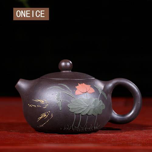 Raw Ore Black Mud Yixing Teapot Pure Hand Handmade Colourful Mud Painted Lotus Xi Shi Pot Purple Clay 188 Ball Hole 170ml