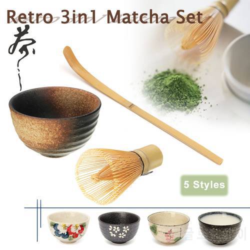 Retro 3in1 Bamboo Chasen Matcha Whisk Chashaku Tea Scoop Matcha Bowl Ceramic Tea Bowl Home Kitchen Tea Tools Set Tea Accessories