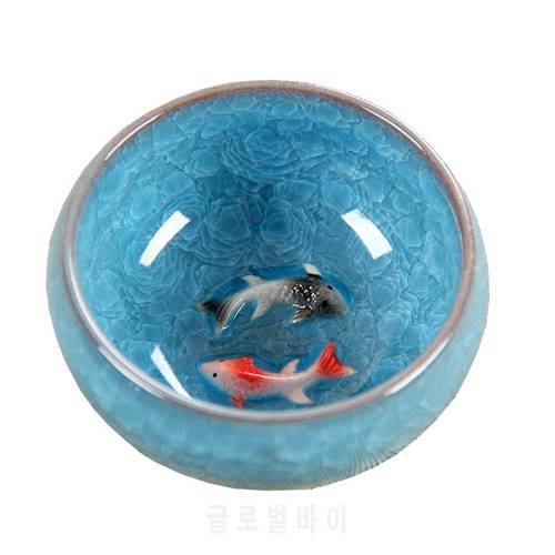 Novelty 3D Ceramic double Fish China tea Big Cup,Crackle Glaze Travel Tea Bowl Kung Fu Tea Cup SetChinese Porcelain Teacup Sets