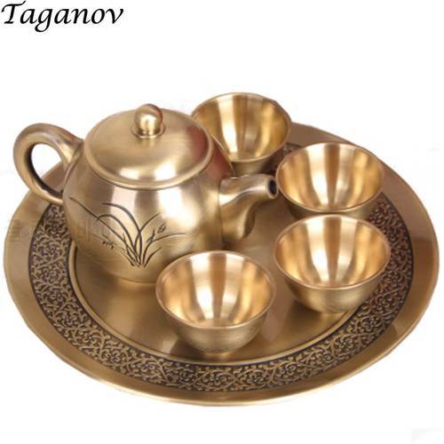 Luxury Copper Tea Set Six-Piece Set Teapot 4 Cups Plate Family Wedding Gift Vintage Retro bronze Teaware Chinese Kung Fu tea set