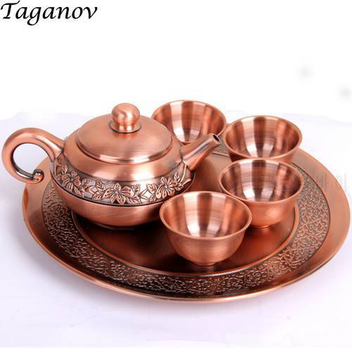 red bronze Teaware Set Six-piece Set Copper travel tea set Russia puer puerkung fu tea set drinkware with tray 4 teabowls gifts