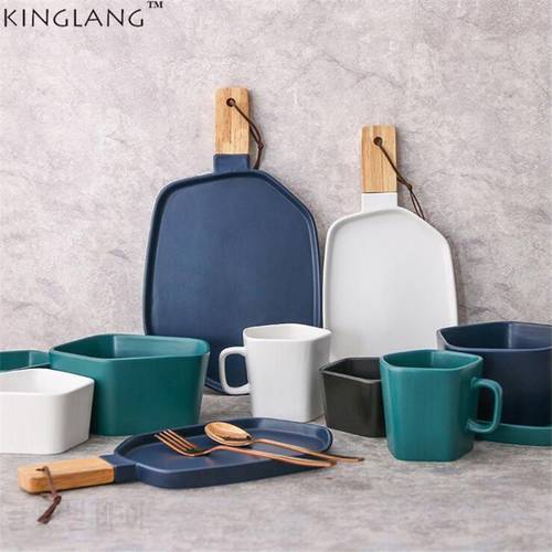 1pc KINGLANG Nordic Style Ceramic Matte Frosted Breakfast plate Natural Wood Handle Hotel House dinner plate Tableware