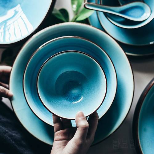 KINGLANG Japanese ice crack glazed lake blue color bowls tableware household rice bowl ceramic fruit salad bowl