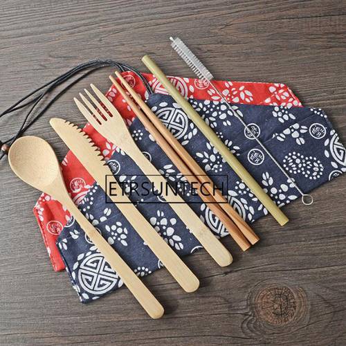 50sets Portable Knife Picnic Natural Reusable Straw Spoon Fork Chopstick Kitchen Utensil Bamboo Cutlery Set