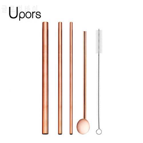UPORS 4pcs Metal Straw Set Wide Reusable Straw Spoon 304 Stainless Steel Drinking Straw For Smoothies Tapioca Pearls Milk Tea
