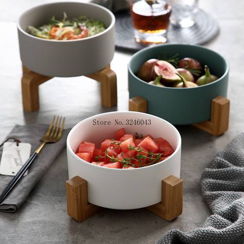 700ml large creative fruit salad bowl dessert bowl Nordic home with wooden foot personality ceramic bowl