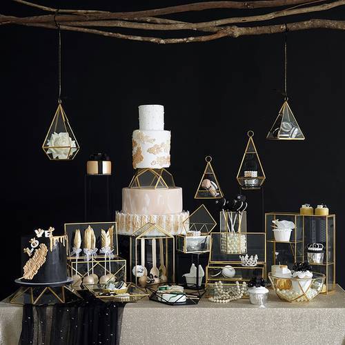 SWEETGO Polygon glass box for cake table storage holders dessert racks Brass edge cases jewelry display trays