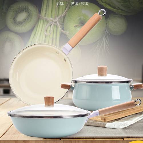 Japanese pan set with enamel enamel pan three-piece wok soup pan frying pan non-stick kitchen pot With Pot Cover Eco-Friendly