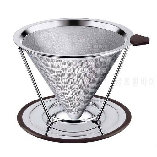 Stainless Steel Home Coffee Filter Reusable Pour Over Dripper Non-slip Strainer Funnel Shaped Durable Easy to Cleaning Reusable
