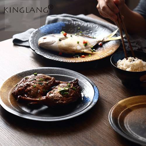 KINGLANG Japanese Single Ceramic Retro Tableware Round Plate Frosted Rice Bowl Dish Home Sushi Restaurant Hotelware