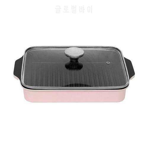 Korean barbecue roasting meat pan iron plate household electromagnetic oven BBQ fish steak rectangular non-stick glass lid