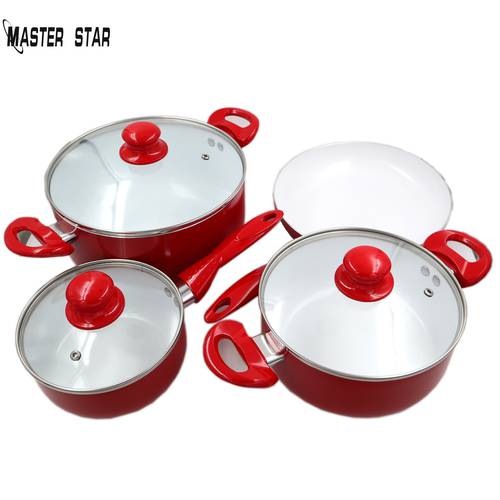Master Star White Ceramic Coating Red Cookware Set Saucepan &Frying Pan & Milk Pot & Glass Cover Total 7PCS Non-stick Fire Use