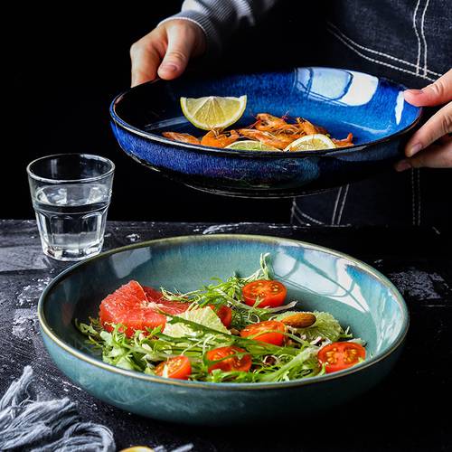 KINGLANG Japanese Ceramic Deep Plate Round dish, Soup plate, Family Salad Fruit Plate Procelain Large plate