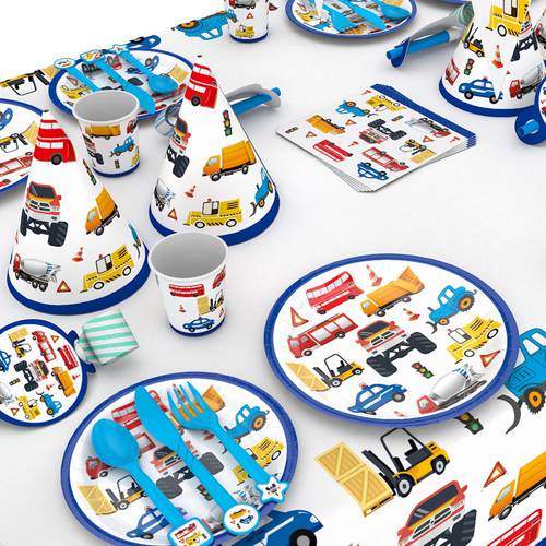 Construction Trucks Engineering Cars Party Disposable Tableware Set Plate Straw Birthday Party Decorations Kids Cake Decor